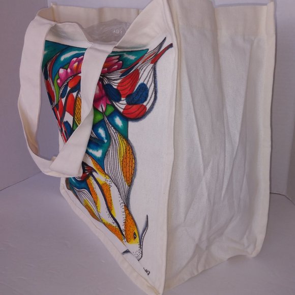 Handmade Tote Bag With Two Hand Painted Butterfly Koi Fish in Pond With Lotus - Picture 6 of 15